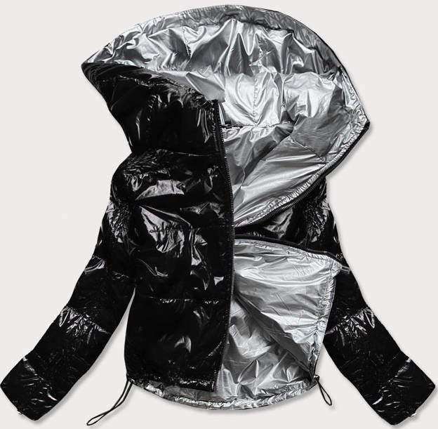 Błyszcząca pikowana kurtka damska z kapturem czarna (b9560)
