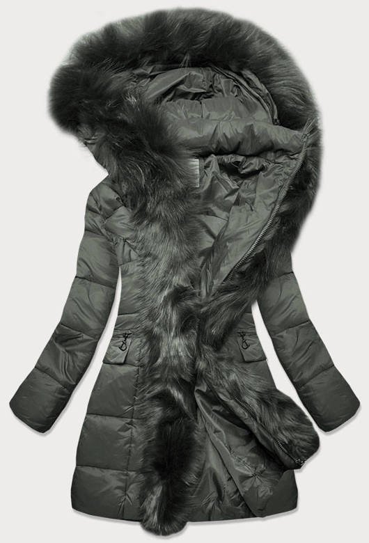 Pikowana zimowa kurtka damska z kapturem khaki (aura)