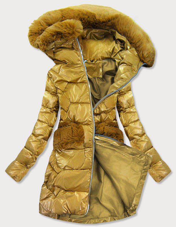 Pikowana damska kurtka zimowa złota (f180)