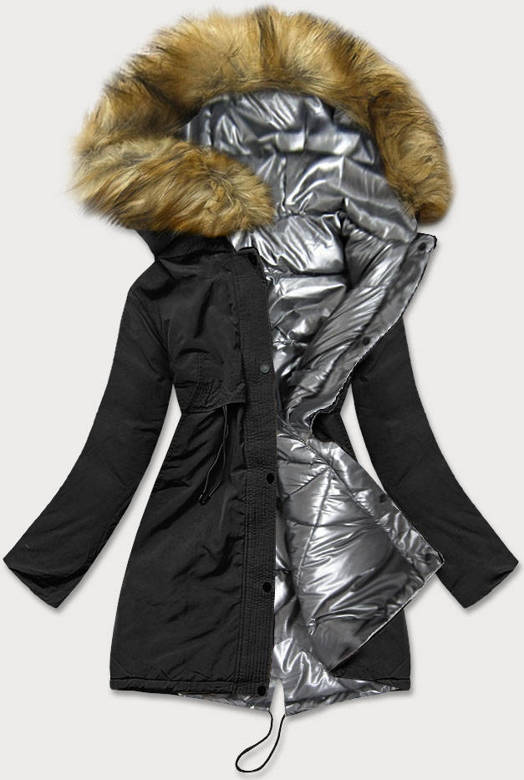 Dwustronna zimowa kurtka damska czarno-srebrna (m-136)