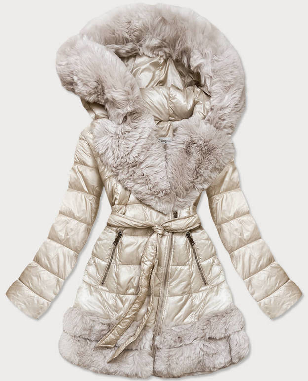 Pikowana kurtka zimowa damska obszyta futrem ecru (fm16-02)