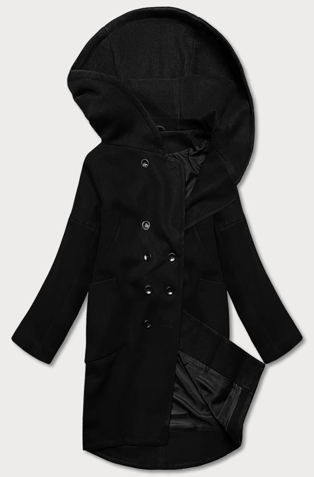 Damski płaszcz plus size z kapturem czarny (2728)