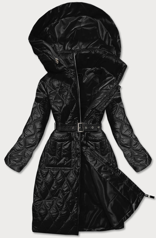 Długa pikowana kurtka z paskiem czarna (7257)