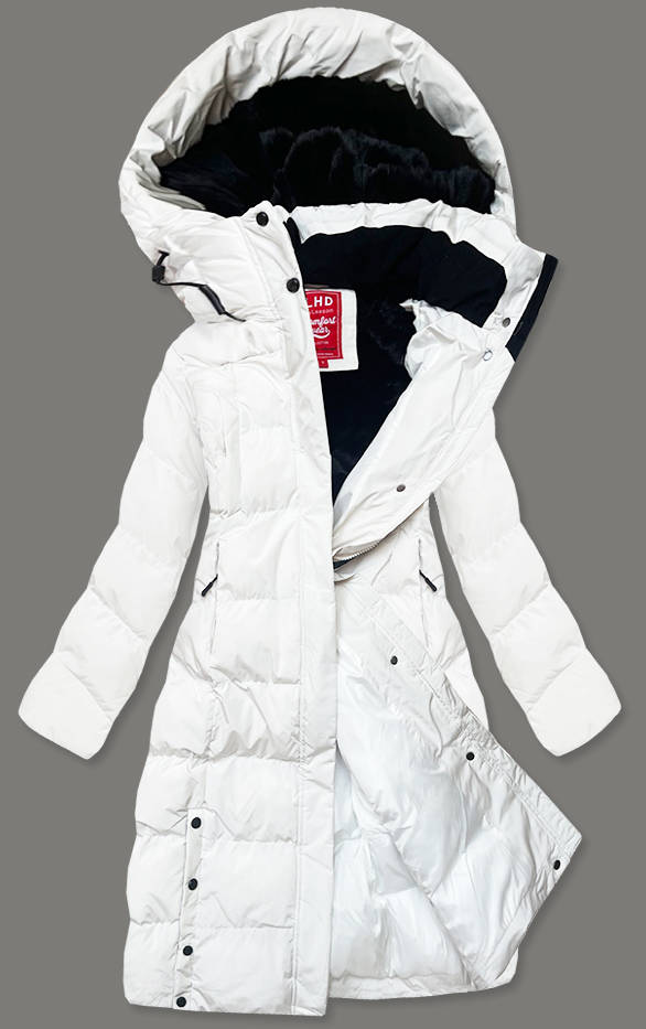 Długa zimowa kurtka damska na futerku biała (2M-025)