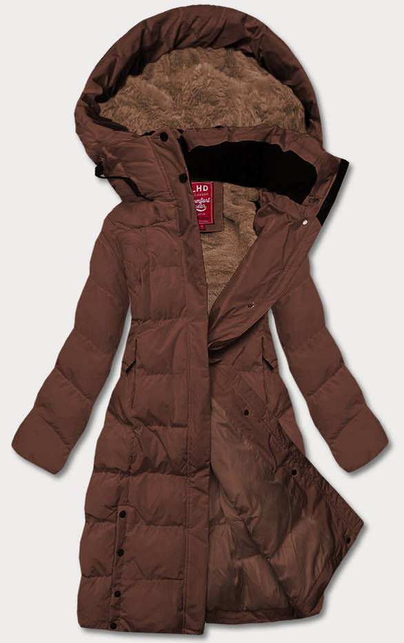 Długa zimowa kurtka damska na futerku brązowa (2M-025)