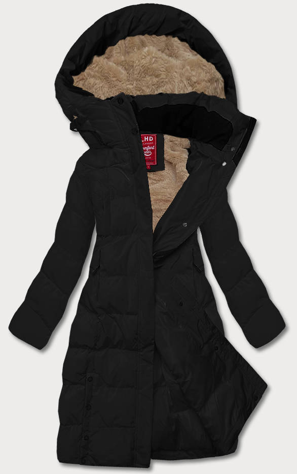 Długa zimowa kurtka damska na futerku czarna (2M-025)