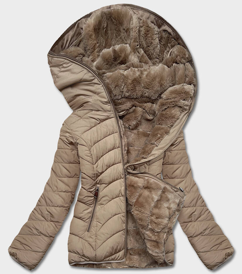 Krótka dwustronna kurtka damska zimowa beżowa (2M-21507)