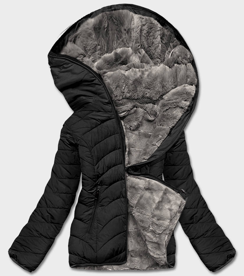 Krótka dwustronna kurtka damska zimowa czarno-szara (2M-21507)