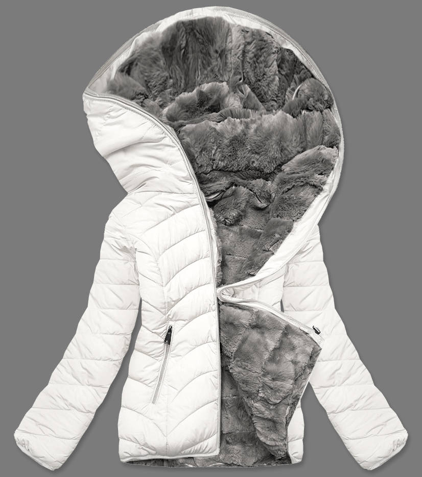 Krótka dwustronna kurtka damska zimowa śmietanowo-szara (2M-21507)