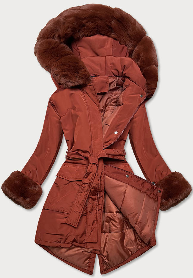 Zimowa kurtka damska z paskiem ceglana (f7039-5)