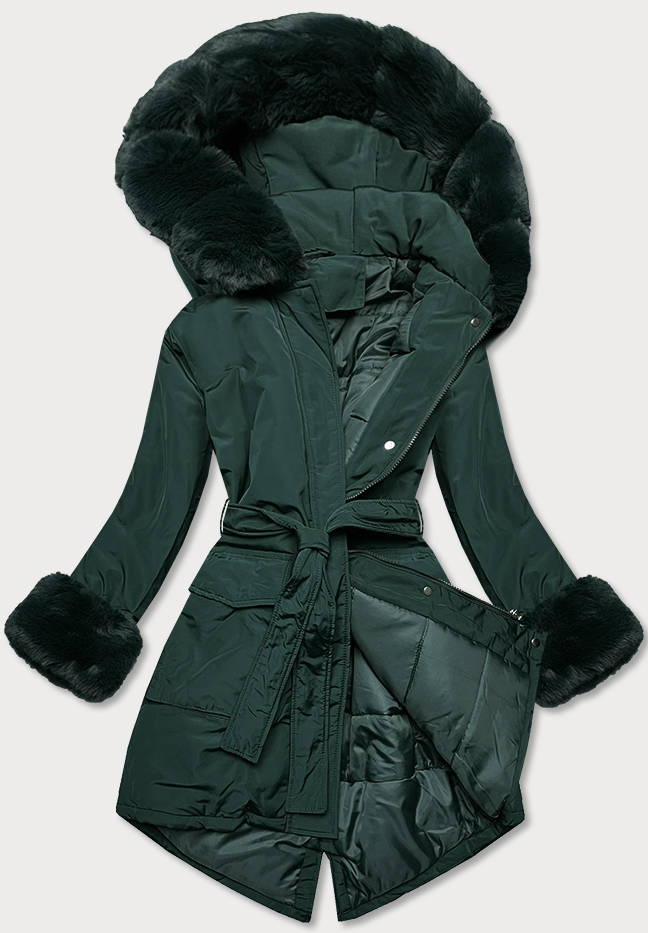 Zimowa kurtka damska z paskiem ciemnozielona (f7039-4)