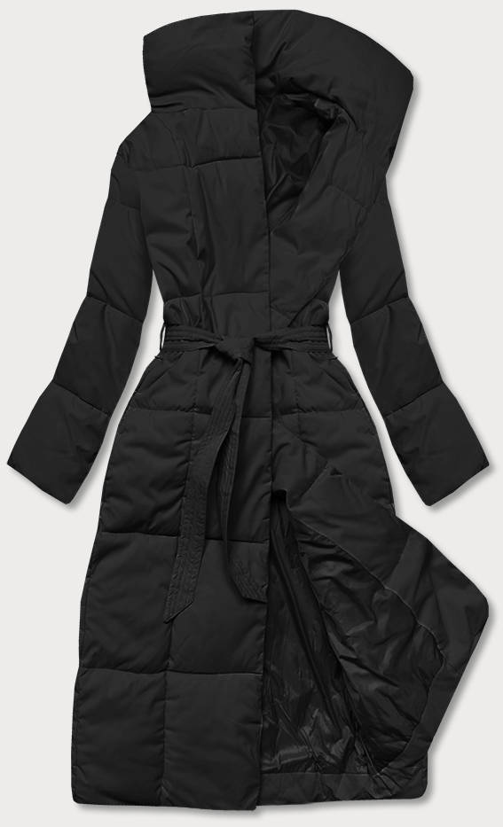 Zimowy płaszcz damski z paskiem czarny (2M-061)