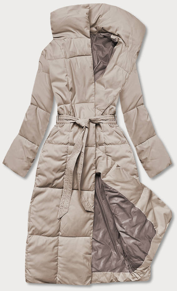 Zimowy płaszcz damski z paskiem jasny beż (2M-061)